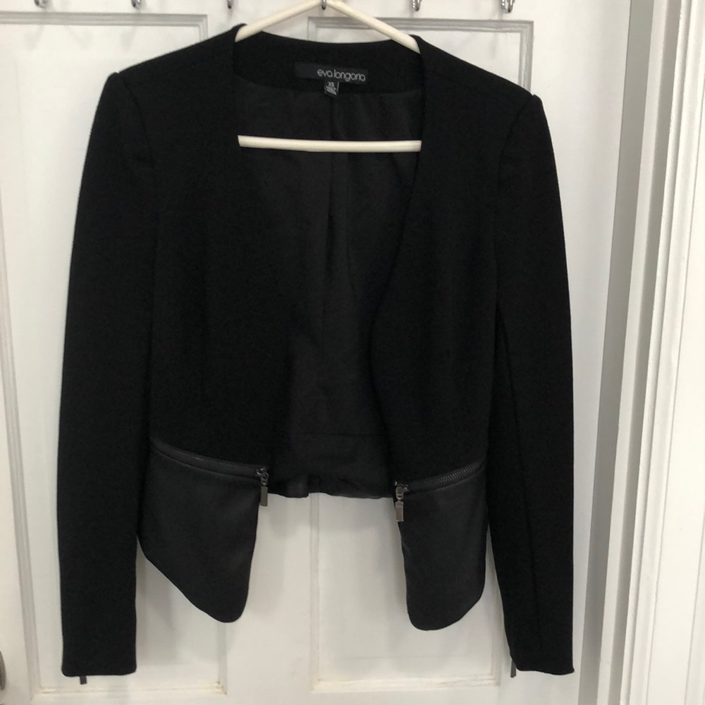 Eva Longoria black blazer with faux leather detail, zippered pockets.